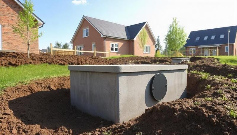 septik z betonu umístěn v zemi na pozemku vedle novostavby