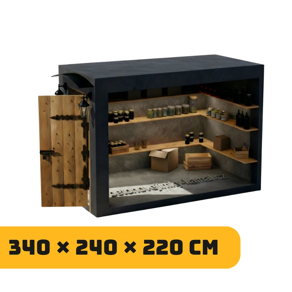 Betonový sklep s plochou střechou a vstupem na kratší straně – (340x240x220cm)