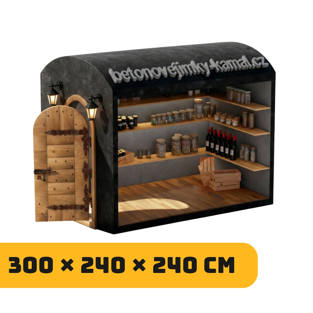 Betonovy sklep s půlkulatou kopulí bez předsíňky se vstupem z čelní strany - (300x240x240cm)