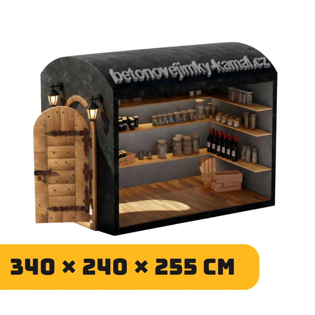 Betonovy sklep s půlkulatou kopulí bez předsíňky se vstupem z čelní strany - (340x240x255cm)