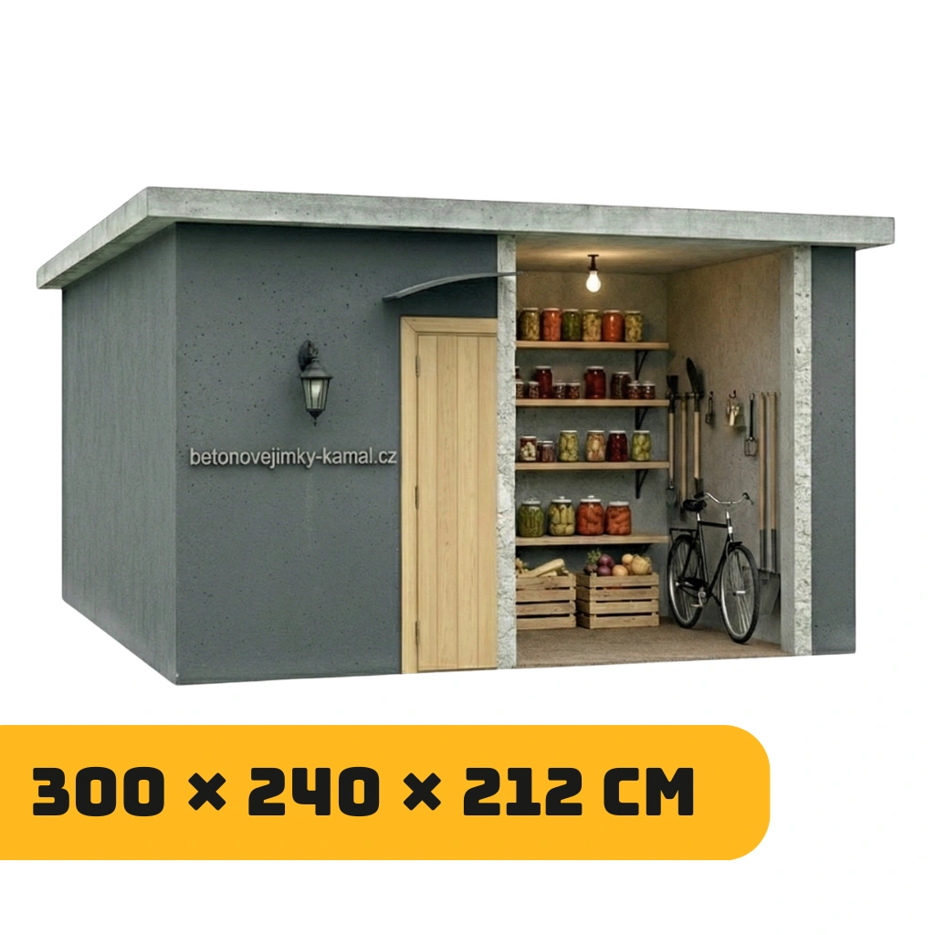 Betonový sklep s plochou střechou a vstupem na delší straně – (300x240x212cm)