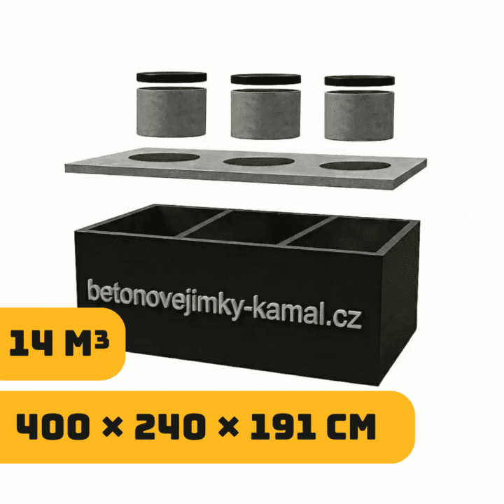 Tříkomorova betonova jímka 14m³ – nízká (400×240×191cm)